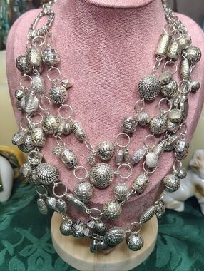 Chico's Multi Strand Openwork Silver Tone Beaded Chunky Southwestern Necklace